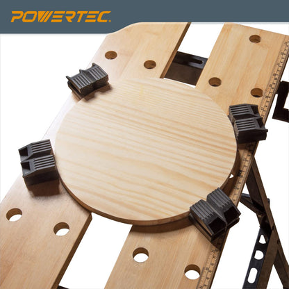 POWERTEC Portable Small Workbench with Vise, Imprinted Ruler and Protractor Scale, Folding Sawhorse/Worktable and 4 Bench Dogs for Woodworking Projects (MT4006V)