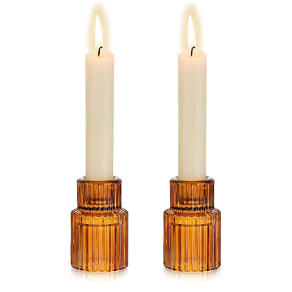 Hewory Glass Taper Candle Holders: 2PCS Amber Elegant Candle Holder Candlestick Holders Bulk, Ribbed Glass Candle Holder Candle Sticks Holder Decor for Table Centerpiece Fall Thanksgiving Home Decor