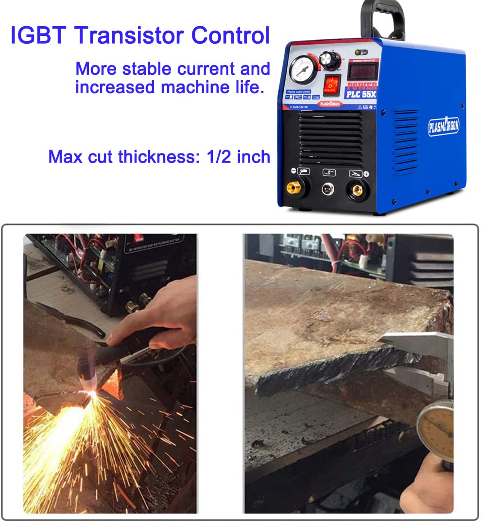 Plasma Cutter 55Amp PLC55 Dual Voltage Plasma Cutting Equipment 110V / 220V, IGBT DC Inverter Portable Air Plasma Cutter Machine 1/2 Inch Clean Cut Intelligent Digital Display (110/220V)