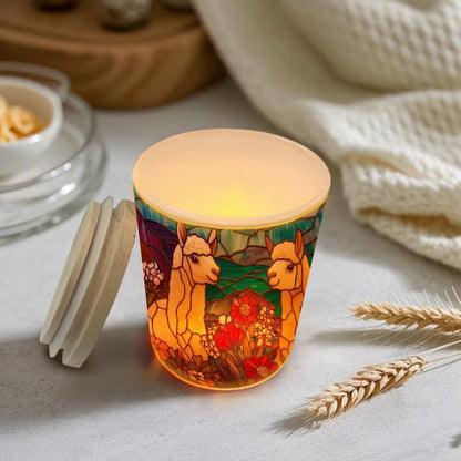 Stained Glass Alpaca Tea Light Candle Holders, Country Wilflowers Tealight Candle Holder Jar with Wooden Lid, Votive Candlesticks for Table Centerpieces, Christmas,Birthday Party,Home Decor
