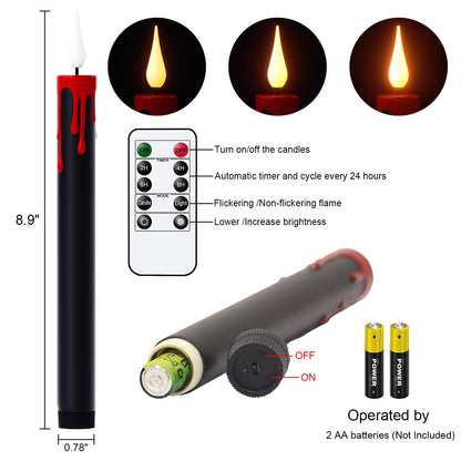 Eldnacele LED Flameless Taper Candles Battery Operated with Remote and Timer 3D Wick Flickering Blood Dripping Halloween Dinner Spooky Horror Home Decoration Set of 4 Black Candles, 0.78" x 8.9"