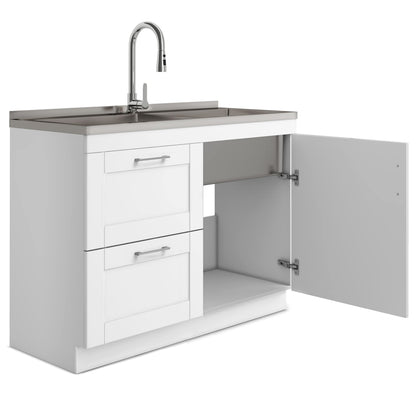 SIMPLIHOME Modern Wide Shaker All-in-One 46 inch Wide Utility Sink and Laundry Cabinet in Pure White Finish, Transitional Stainless Steel Sink Cabinet for Laundry Rooms with High-Arch Chrome Faucet