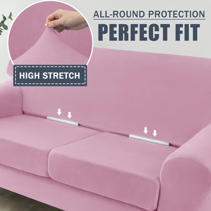 CONRUSER Stretch Sofa Slipcover, Soft Velvet Sofa Covers for 2 Cushion Couch Thick Furniture Protector for Pets & Kids (Pink, M)