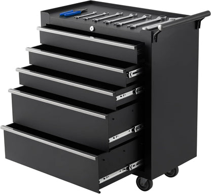 Rolling Tool Box with Wheels, 5 Drawer Tool Storage Cabinet, Portable Toolbox Organizer with Lock, Heavy Duty Tool Chest Cart for Garage, Mechanic, Workshop, Shop, Mobile Tool Organizer, Black