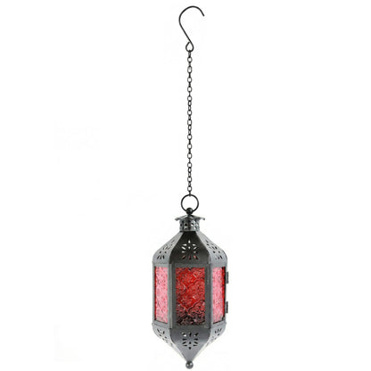 Vela Lanterns Hanging Moroccan Lamp - Exotic Decorative Patio & Porch Decor, Indoor Outdoor Tea Light Candle Lantern Holder with Chain (11" Medium, Red Glass, 2-Pack)