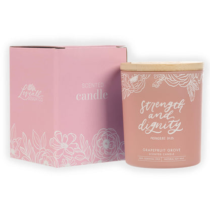 Christian Art Gifts Soy Wax Scented Candle: Strength & Dignity Bible Verse, Grapefruit Grove Scent, Pure Essential Oils, 4.5 oz, Up to 20 Hours Burn Time, Glass Jar w/Bamboo Lid, Encouragement Gift