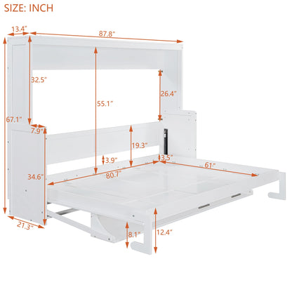 Ball & Cast Horizontal Murphy Bed Queen Size,Hidden Folding Wall Bed Frame with Hydraulic Lift&Desk,Wood Cabinet Platform Bed can be Folded into Desk,Space Saving for Bedroom,Guest Room,White