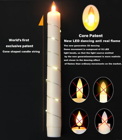 Flameless Cone Candle with Built-in Star String Light, 11-Button Remote Control, Timer, Battery Powered, Simulated Flame, 3-Pack Window Candle, Christmas Home & Wedding Decoration (Ivory)