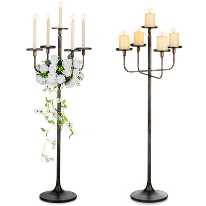 Sziqiqi 48inch Tall Candlestick Holders Floor Candelabra Black 5 Arms Candle Holders for Pillar Candles Flower Centerpiece Gothic Candles Holder for Funeral Ceremony Halloween Decor 2pcs