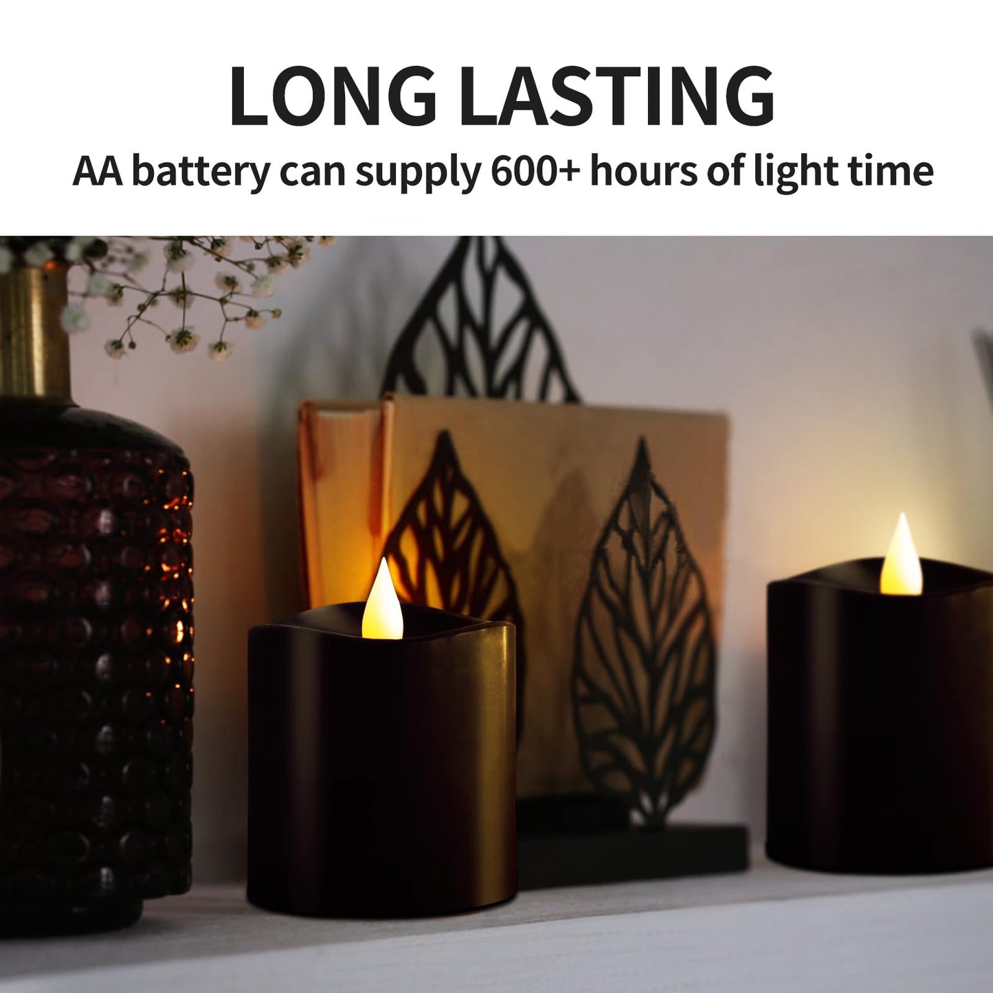 ASLDOIWEH 3x3 Flickering Flameless Candles Set of 3, 2AA Battery Life 600 Hours Battery Candles Flickering with Timer, 3 inch Flameless Candles with Remote for Indoor/Outdoor, Black