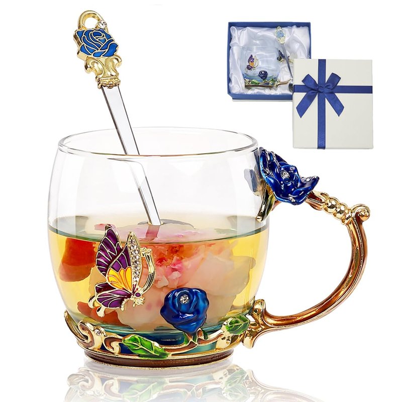 AISVELDY Flower Tea Cup,Butterfly Rose Clear Glass Fancy Coffee Mug with Spoon,Gift Box for Her Mom Wife Grandma Girls Women Christmas Birthday Present Idea for Juice,Hot And Cold Drinks Use