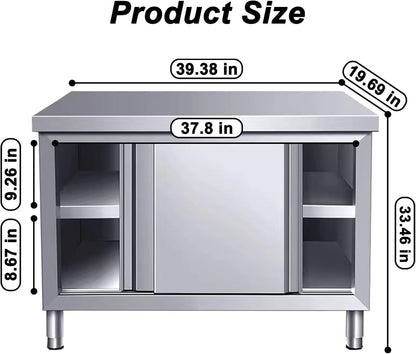 EHONXI Stainless Steel Commercial Worktable w/Sliding Doors for Prep & Work, 39" x 20" Commercial Kitchen Prep Table, Heavy Duty Workbench w/Cabinet for Home, Restaurant, Hotel and Garage