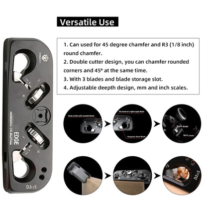 HONGDUI DJ11S 2-in-1 Chamfer & Radius Plane,5mm(1/32") Depth Adjustable, Aluminum Alloy Quick Edge & Radius Chamfering Plane, 3 Blades with 12 Cutting Edges for Use Woodworking Tool