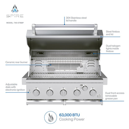 Spire Premium 5 Burner Built In Gas Grill Island Head, Stainless Steel 30 Inch Propane Grill with Rear Burner, 63,000 BTUs, 750 SQ In Racks, Dual Fuel Compatibility - 740-0788P