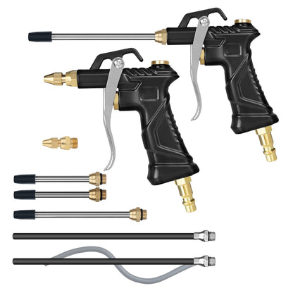 Industrial Air Blow Gun with Brass Adjustable Air Flow Nozzle, Universal hose and 2 Steel Air flow Extension. Pneumatic Air Compressor Accessory Tool Dust Cleaning Air Blower Gun. (2pcs)