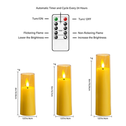 Nimiko Small Flickering Flameless Candles - Battery Operated LED Fake Candles, Pack of 12 (D1.57 x H4 5" 6") for Holiday Decor, Home, Weddings (Gold)
