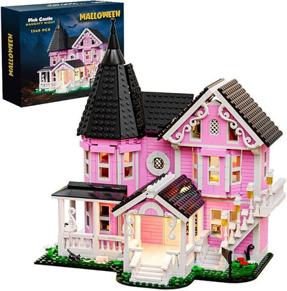 1349PCS Pink Palace House Building Set Halloween Haunted House Blocks Toy with Lights Christmas for Teens Girls 12+ Halloween House Kit for Kids Adults