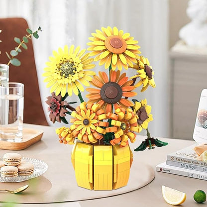 Flowers Building Sets for Adults Van Gogh Prints Art Botanical Collection Sunflowers Pot Bouquet Plants Kits Compatible with Lego Flowers Easter Flores Home Decor for Woman Girls 14+