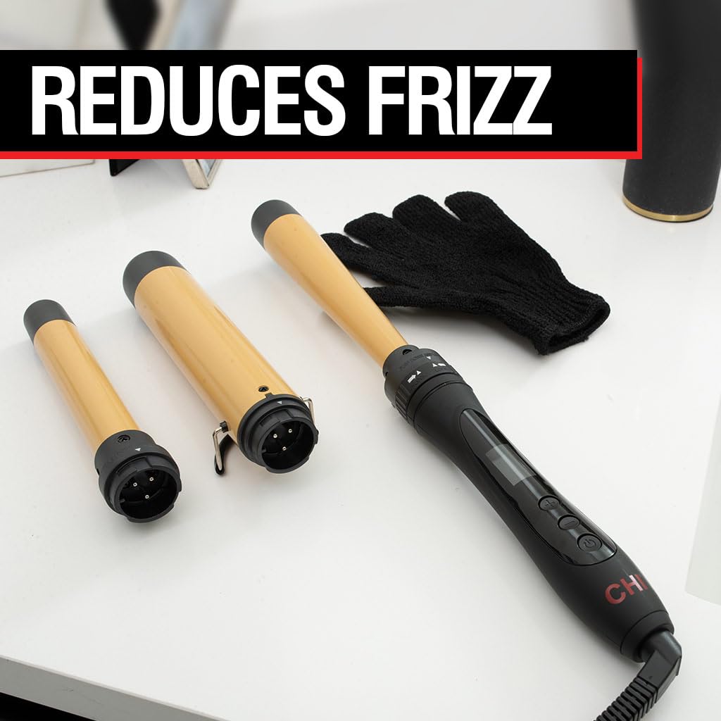 CHI Interchangeable Curling Wand, 3 Barrel Attachments For Versatile Curls, 0.5"-1.25" Inverted Tapered Barrel, 1" & 1.5" Barrel