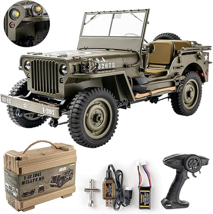 FMS Rochobby RC Car 112 1941 MB Scaler Willys Jeep Remote Control Crawler Military Truck 4x4 Offroad Vehicle with Transmitter Battery and Charger Small RC12001RTR Hunter Green