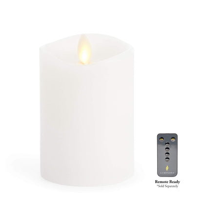Luminara Flameless Pillar Candle, Small (4.5 inches, Unscented) Real-Flame Effect, Melted Edge, Real Wax, Smooth Finish, White, LED Battery-Powered Candle