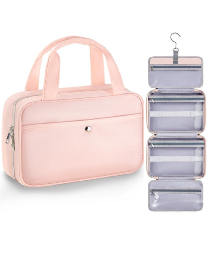 Chakipee Travel Hanging Toiletry Bag for Women - Waterproof Cosmetic Organizer with Clear Window, Lightweight Bathroom Bags for Essentials, Makeup, Shampoo, Toiletries (Pink, Medium)