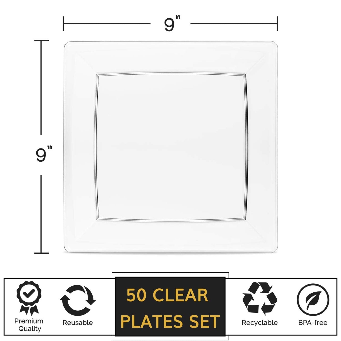 Oasis Creations Clear Square Plates Set 9" - 50 Count - Premium Hard Clear Plastic - Disposable and Reusable - Dinner - Salad - Party Plate Set - Weddings, Parties, Events & More!