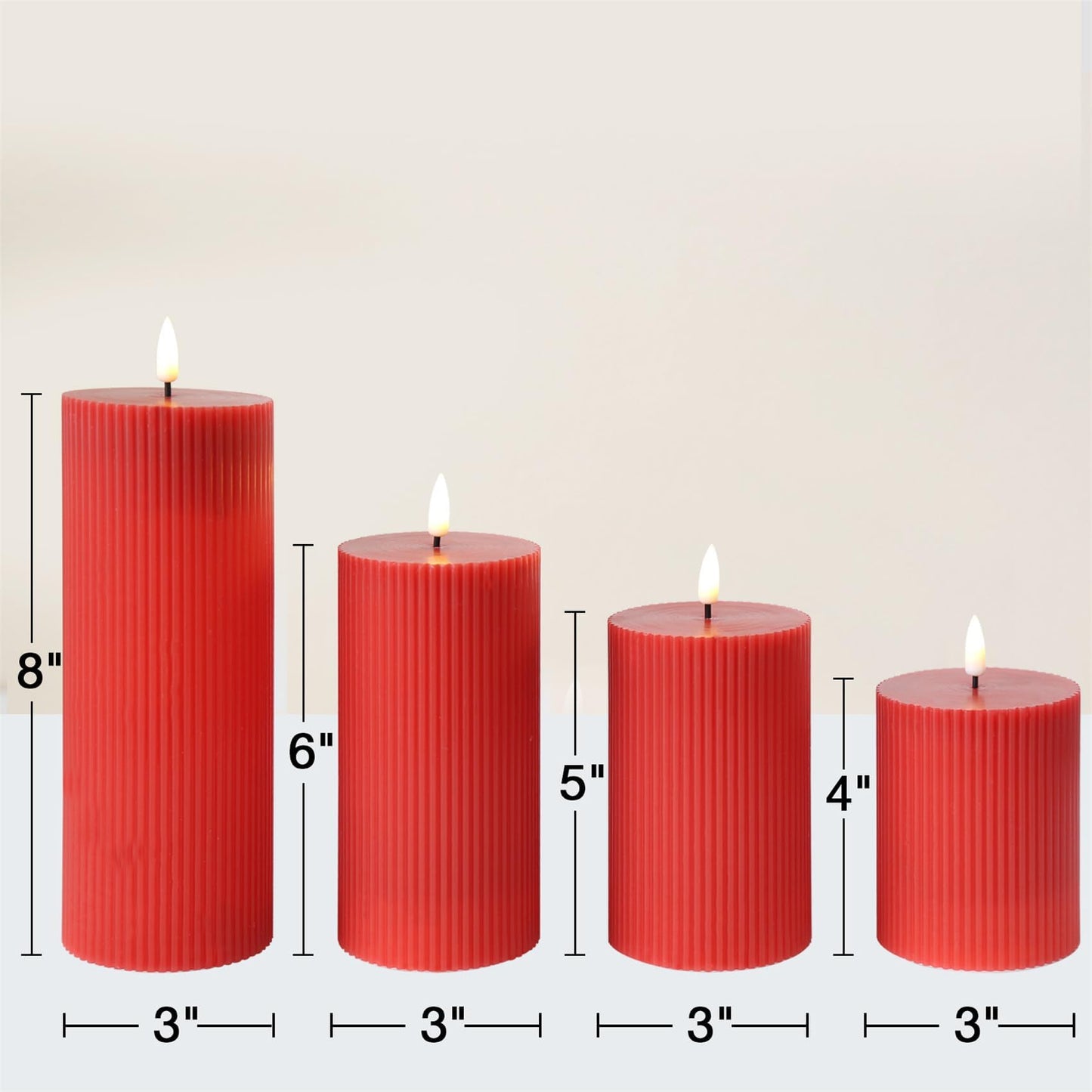 Girimax Red Ribbed Flameless Pillar Candles with Remote, Flat Top Flickering LED Wax Candles Battery Operated Set of 4