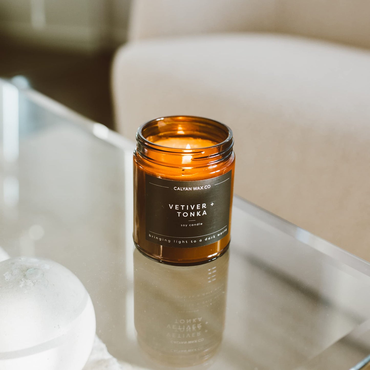 Calyan Wax Co. Vetiver & Tonka Scented Candle - 57 Hour Burn - Luxury Clean Soy Wax Candles - Long Lasting Amber Glass Jar Candle for Home - 7.2oz
