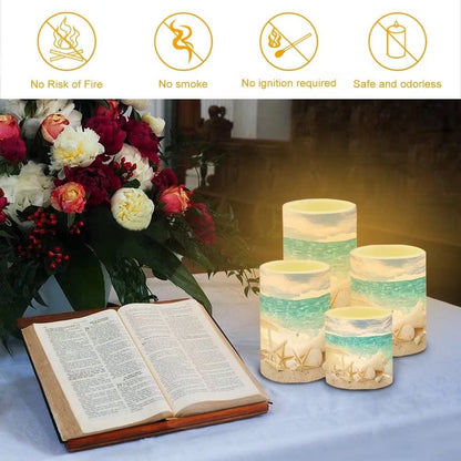 NETILGEN Beach Starfish Seashell Flameless Light Candles Battery Powered with Timer Remote Color Chaging Pillar Candle with Warm Yellow Color Changing Light Pack of 4