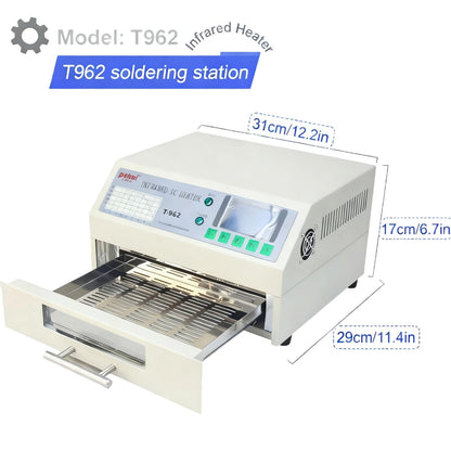 T962 110V 800W Mini Automatic Infrared Reflow Oven - Intelligent IC Heater and Reflow Soldering Station, 7.08×9.25 Inch Soldering Area, Compatible with CHIP/SOP/BGA/PCB Chips/Aluminum Substrates