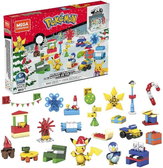 MEGA Pokémon Building Toys Set Holiday Calendar with 202 Pieces 2 Poseable Characters and Accessories for Kids