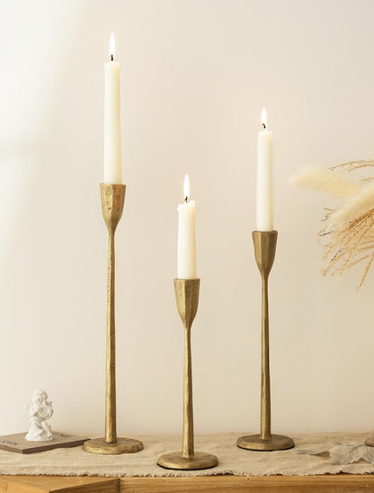Romadedi Gold Candlestick Candle Holder - Cast Iron Taper Candle Stick Holders Brass Antique Decor Tapered for Wedding Dining Table Christmas Mantel Home Decoration Set of 3