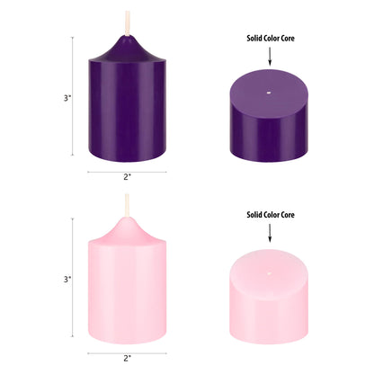 Mega Candles 4 pcs Unscented Christmas Advent Candles Set, Hand Poured Premium Wax Bell Top Round Pillar Candle 2 Inch x 3 Inch, Holidays, Festivities, Devotional, Church, Wreath, Party, Gifts