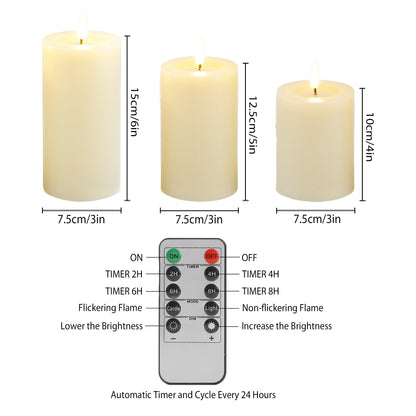 JHY DESIGN Flickering Flameless Candles Battery Operated with 10-Key Remote & 2/4/6/8-Hour Timer, Real Wax Pillar Grease Effect LED Candles Set for Chrismas/Home Decorations(Ivory)