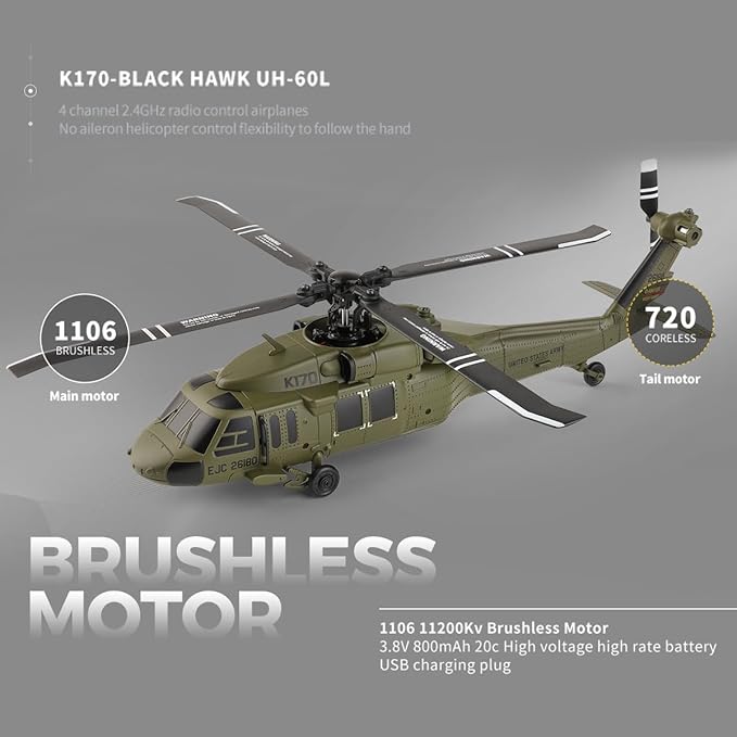 K170 UH60L RC Helicopter Remote Controlled Helicopter for Adults Beginners 2.4G 4CH RC Plane 6-Axis Gyroscope Altitude Hovering Military Aircraft Aileronles (3 Batteries)