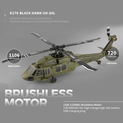 K170 UH60L Remote Controlled Helicopter for Adults RC Aircraft Plane 2.4Ghz 4CH RC Helicopter Heli Aileronless 6-Axis Gyroscope Altitude Hovering (1 Battery)