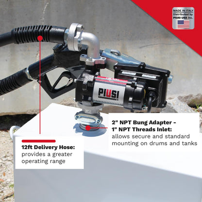 Piusi EX75 UL DC Fuel Transfer Pump KIT 12V for Diesel and Gasoline 20 GPM Flow Rate at Nozzle Equipped with 12 ft Discharge Hose, Automatic Nozzle
