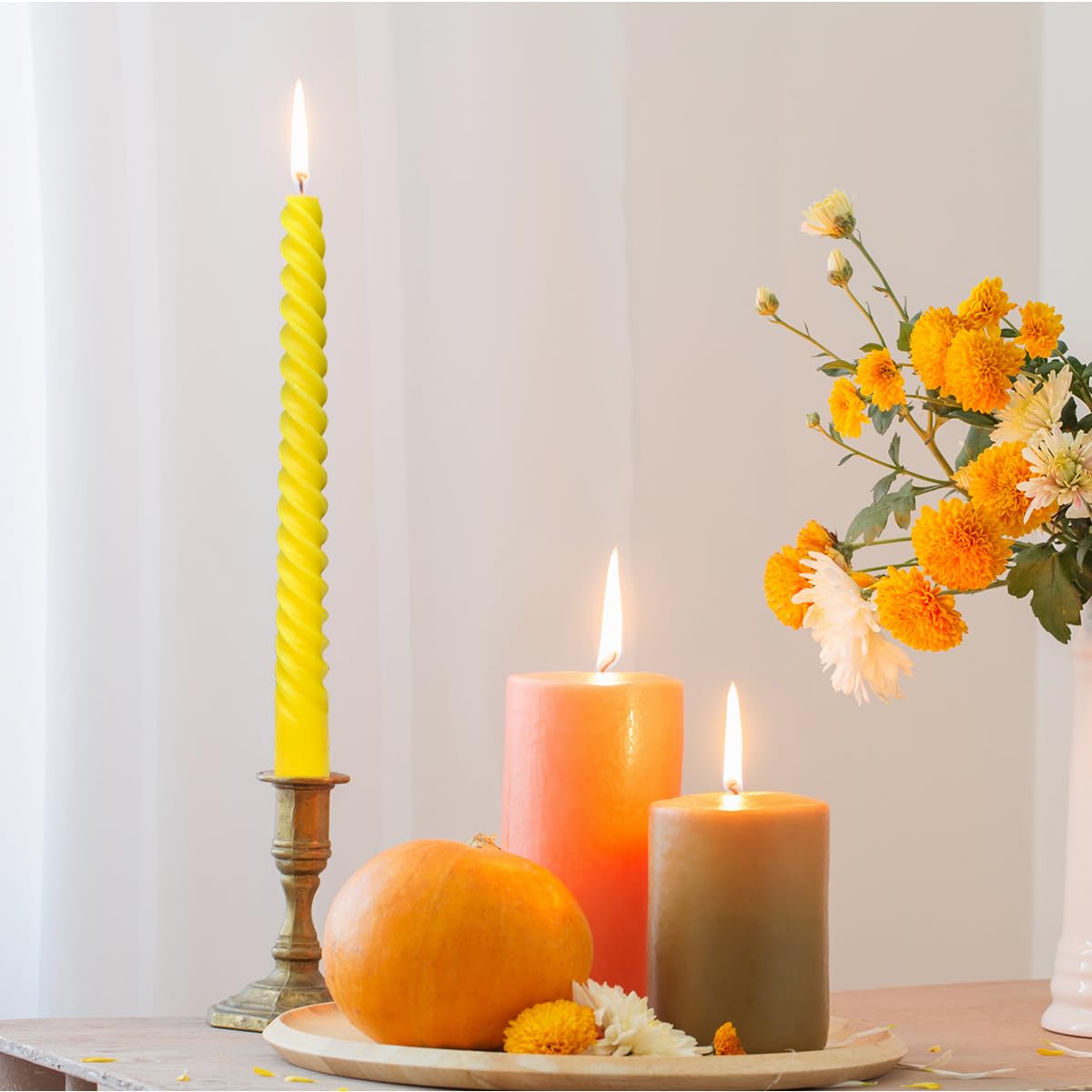 6 Pack 10 Inch Yellow Spiral Taper Candles for Summer Spring Home Decoration, Unscented Dripless Twisted Candlesticks for Dinner Birthday Party Outdoor Gathering and Easter