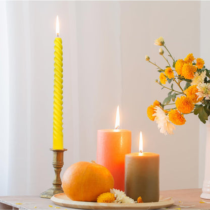 6 Pack 10 Inch Yellow Spiral Taper Candles for Summer Spring Home Decoration, Unscented Dripless Twisted Candlesticks for Dinner Birthday Party Outdoor Gathering and Easter