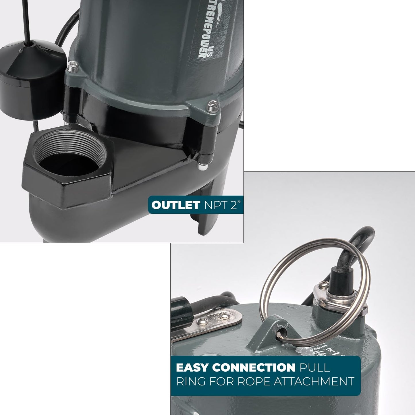 XtremepowerUS 3/4HP Submersible Sump Sewage Pump 8400 GPH Stainless Steel Vertical Float Switch Garden 2" Outlet, Piggy-Back Plug