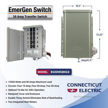 Connecticut Electric EmerGen Backup Power Manual Transfer Switch - 50 Amp, 10-Circuit, 12500 Watts, for Generator (Transfer Switch Only)