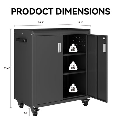 COFaR Heavy-Duty Rolling Storage Cabinet, 2-Door Metal Garage Cabinet with 2 Adjustable Shelves, Lockable Wheels & Locking Doors, 35"H Large Capacity Tool Chest for Workshop, Garage, Warehouse - Black