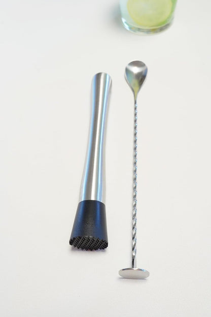 Stainless Steel Cocktail Muddler & Mixing Spoon Set — 10 Inch Bar Tool Kit for Home Bartenders, Ideal for Mojitos, Margaritas, Mint & Fruit Cocktails, Silver