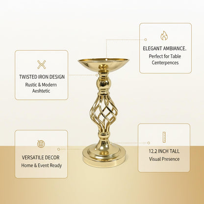 Iron Candlestick Holder, Twisted Metal Design with Gold Finish for Table Centerpieces and Home Decor (1 PC)