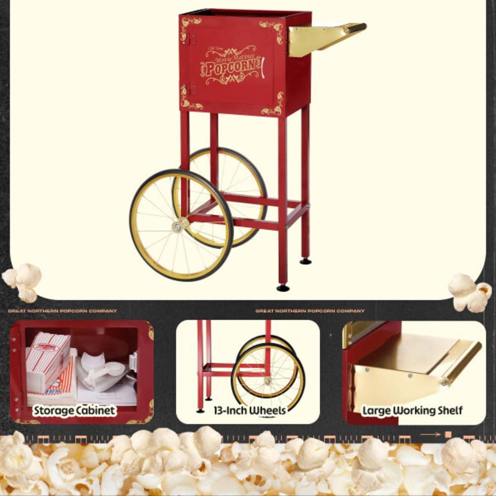 Matinee Popcorn Machine with Cart - 8oz Popper with Stainless-Steel Kettle, Warming Light, and Accessories by Great Northern Popcorn (Red)