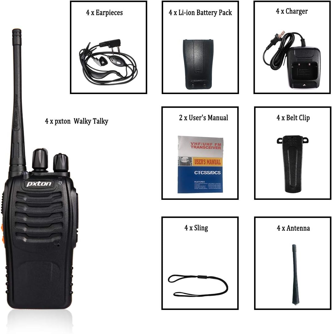 pxton Walkie Talkies Long Range for Adults with Earpieces,16 Channel Walky Talky Rechargeable Handheld Two Way Radios with Flashlight Li-ion Battery and Charger（4 Pack）