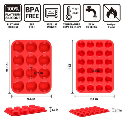 Silicone Muffin Pan, Mini Muffin Pan, Regular 12 Cups and Mini 24 Cups Cupcake Tin Set of 2 for Baking Egg Bites