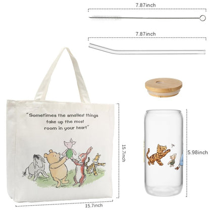 MRYAWXBK Pooh Bear Gifts for Women Friends, Pooh Bear Inspirational Canvas Tote Bag 16oz Iced Glass Cup Friendship Gift Set Gifts for Best Friends