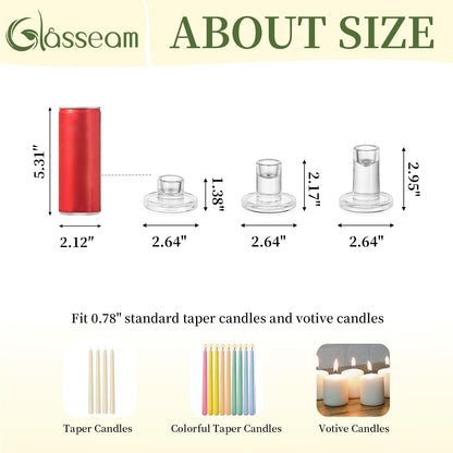 Glasseam Glass Taper Candle Holders: Set of 3 Tapered Candlestick Holders Small Clear Candle Sticks Holder Decor for Table Centerpiece Wedding Dining Room Home Decorations